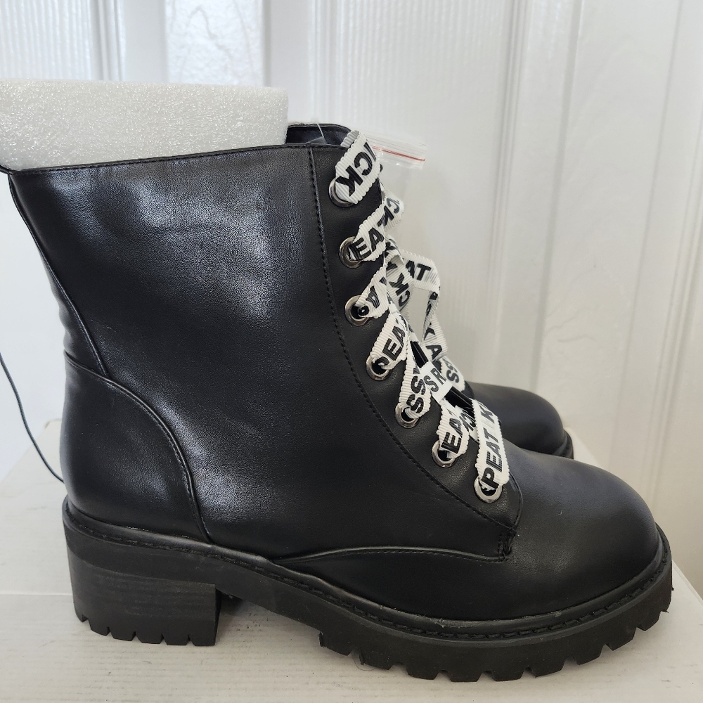torrid Black Combat Moto Boots with White Logo Laces